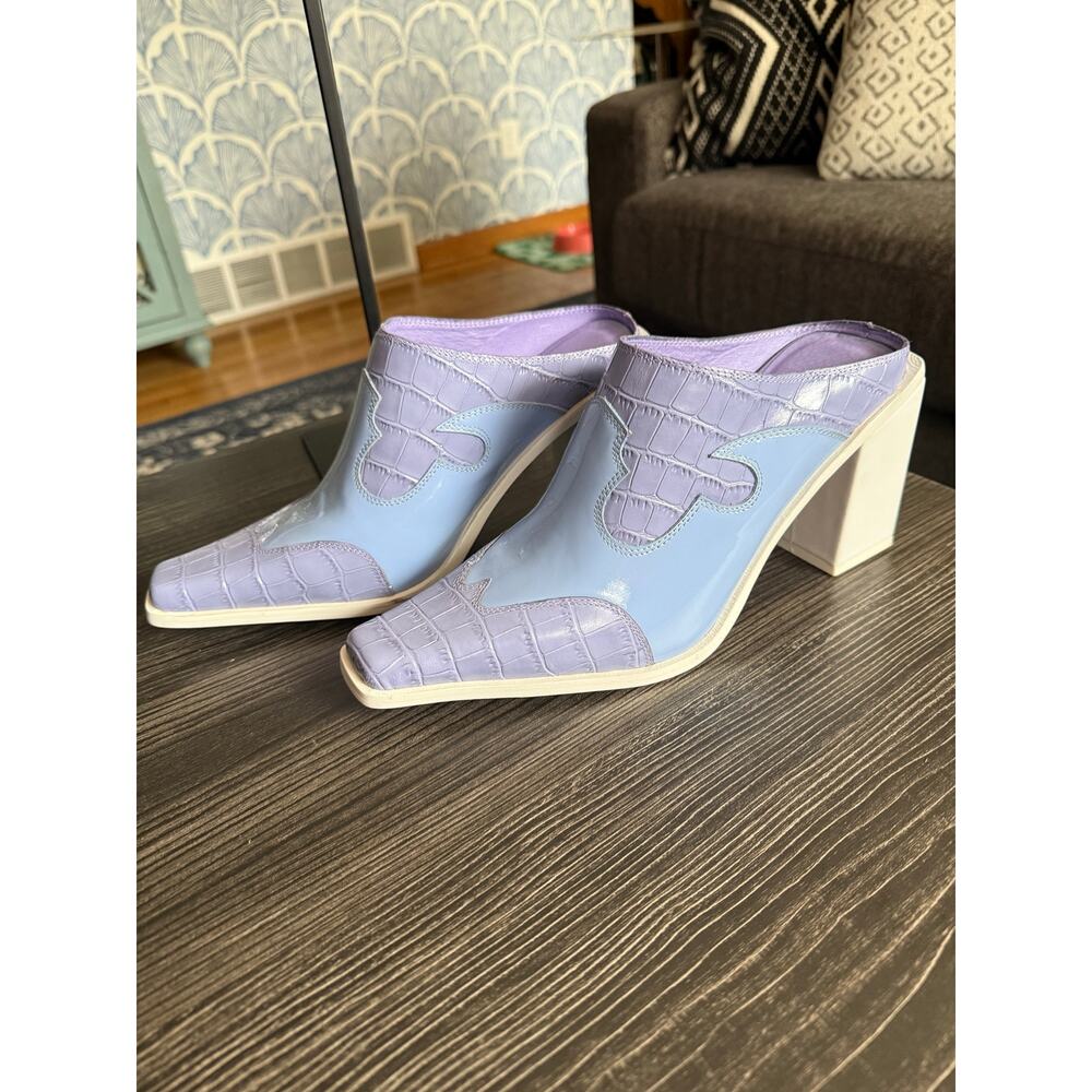 Jeffrey Campbell Lavender and Light Blue Croc-Accent Block Heel Mules